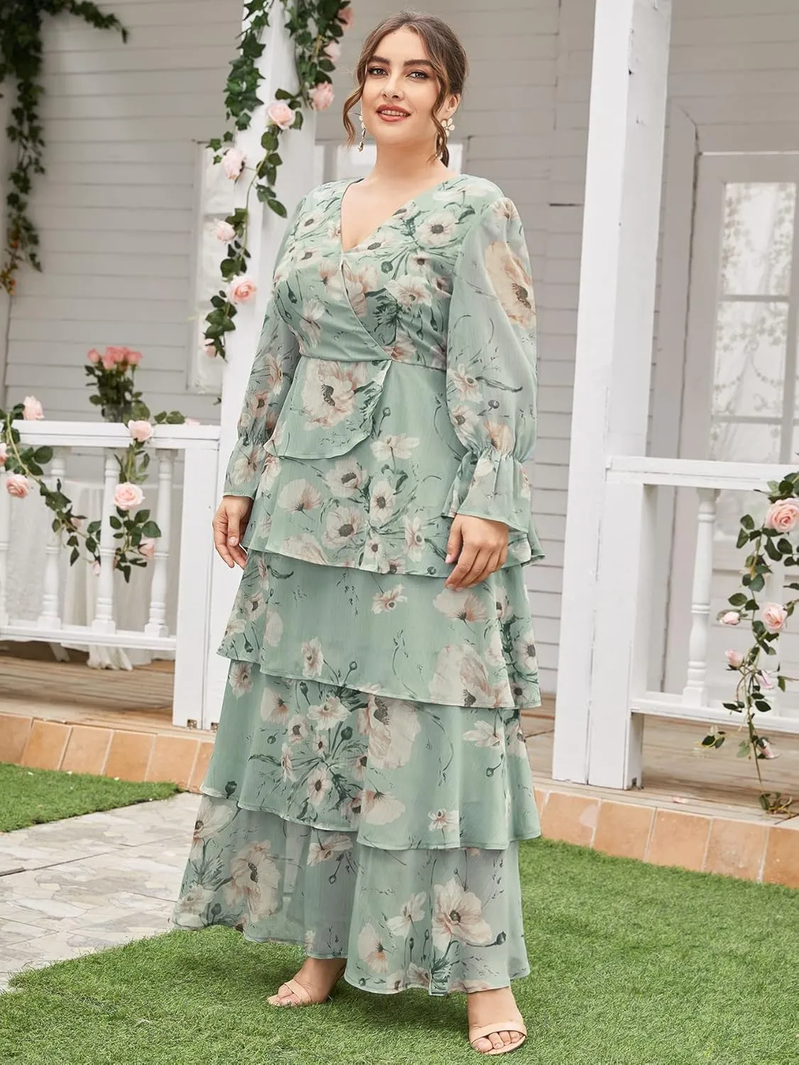 TOLEEN Women's Plus Size Dress V Neck Rose Embroidery Mesh Elegant Formal Maxi Dresses