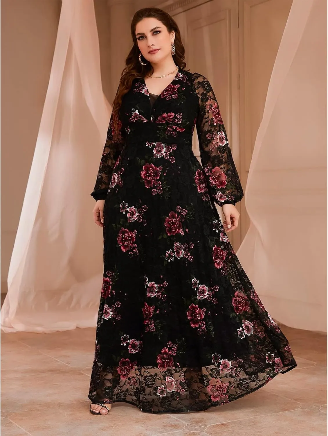 TOLEEN Women's Plus Size Dress V Neck Rose Embroidery Mesh Elegant Formal Maxi Dresses