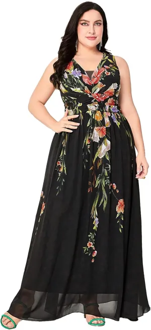 TOLEEN Women's Plus Size Dress V Neck Rose Embroidery Mesh Elegant Formal Maxi Dresses