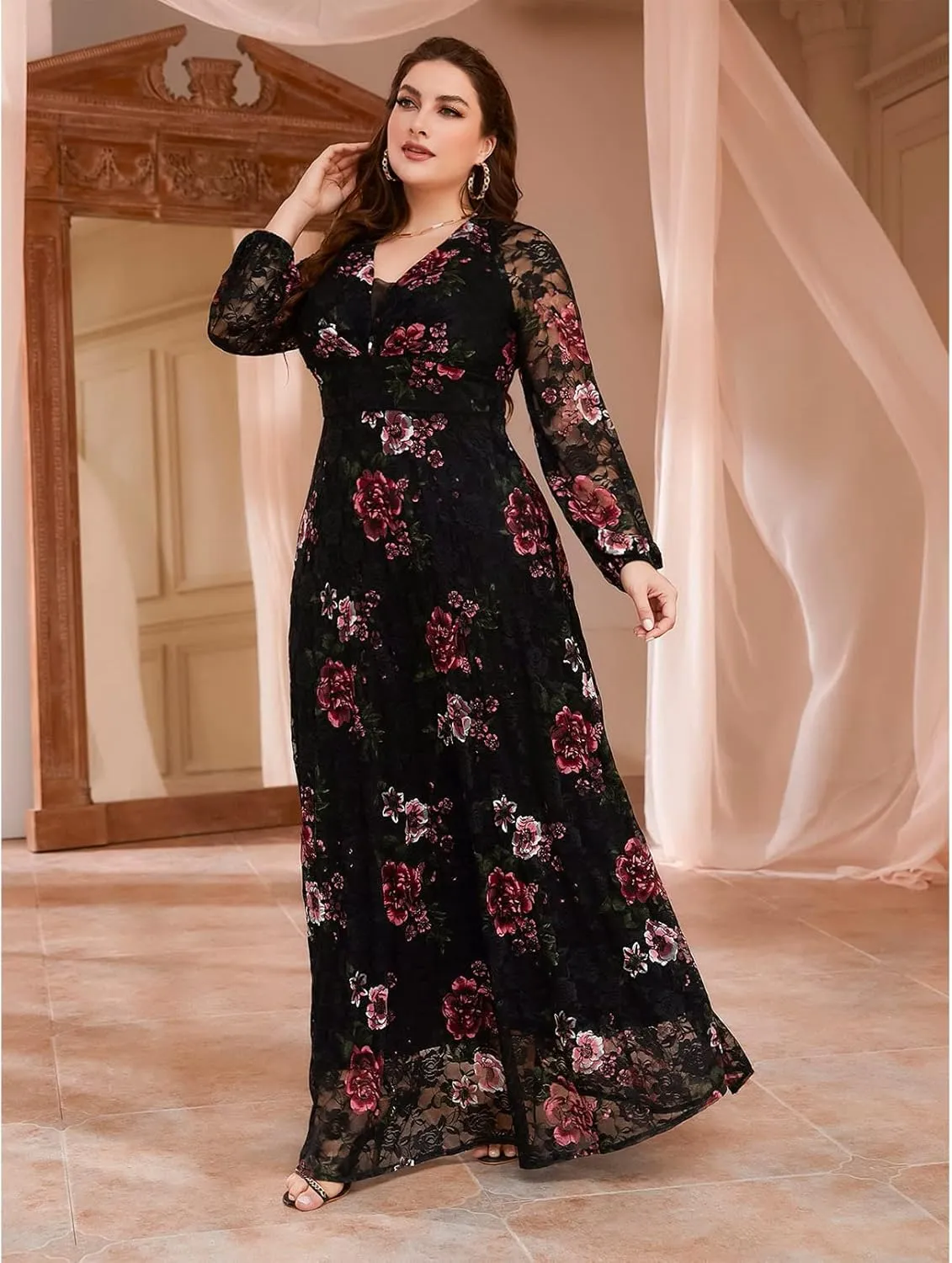 TOLEEN Women's Plus Size Dress V Neck Rose Embroidery Mesh Elegant Formal Maxi Dresses