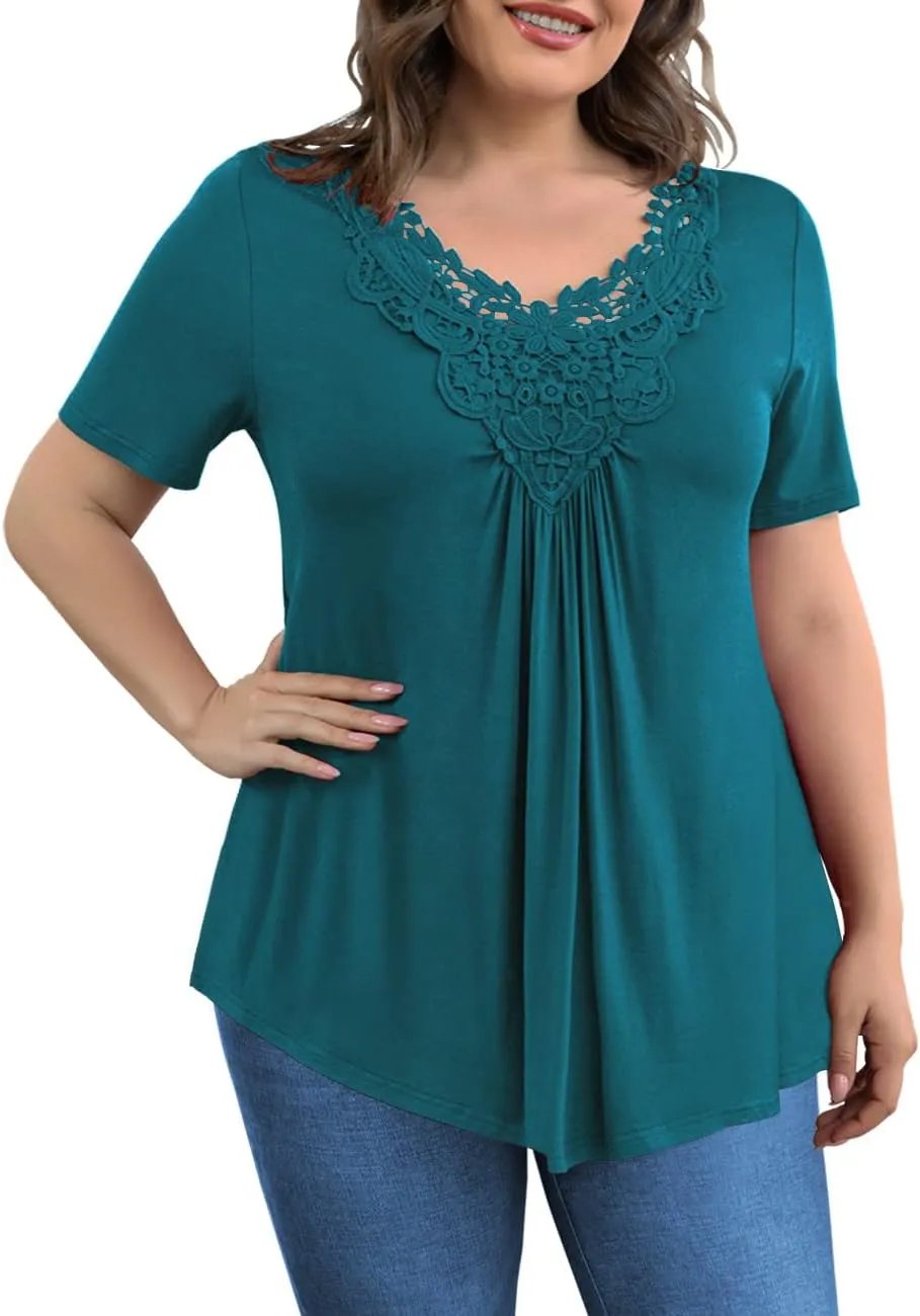 Tralilbee Women's Plus Size Tops Casual Blouse Short Sleeve Lace Crochet Tunic Tops, M-4XL