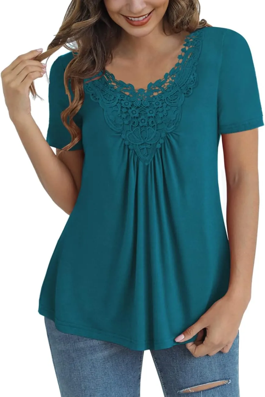 Tralilbee Women's Plus Size Tops Casual Blouse Short Sleeve Lace Crochet Tunic Tops, M-4XL