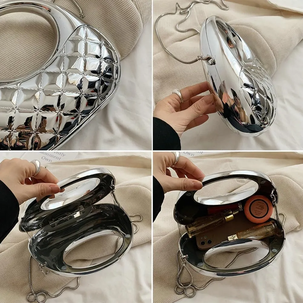 Trendy Acrylic Clutch Purse for Women Evening Wedding Party Crescent Crossbody Shoulder Bag Handbag with Chain