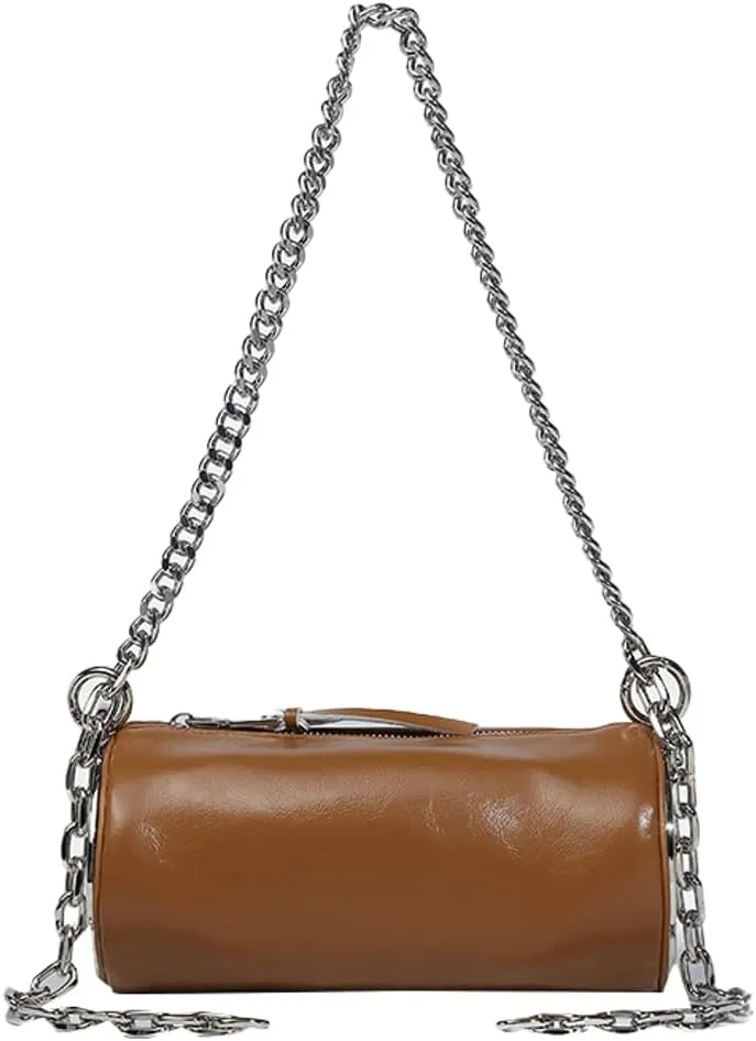Trendy Cylinder Crossbody Shoulder Bag for Women Small PU Leather Handbags Chain Top Handle Satchel Y2k Tote Purse