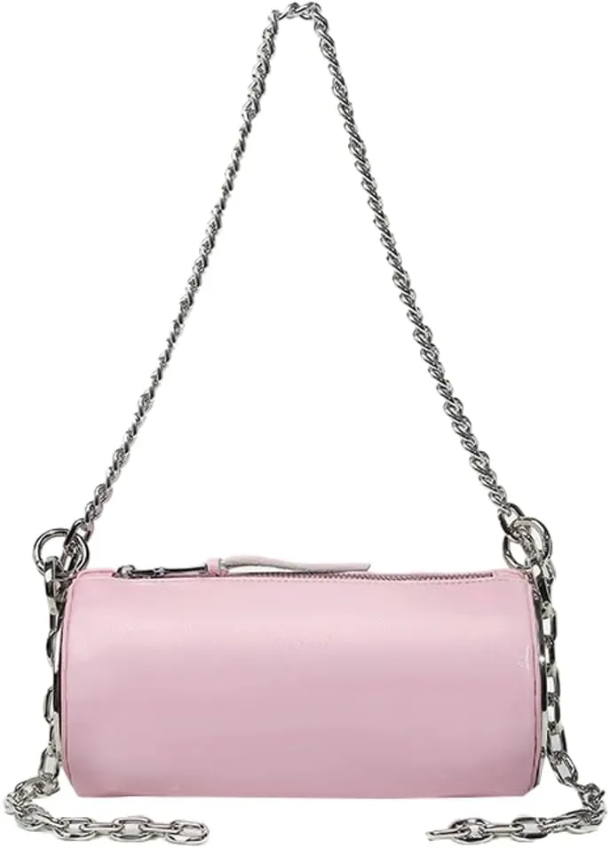 Trendy Cylinder Crossbody Shoulder Bag for Women Small PU Leather Handbags Chain Top Handle Satchel Y2k Tote Purse