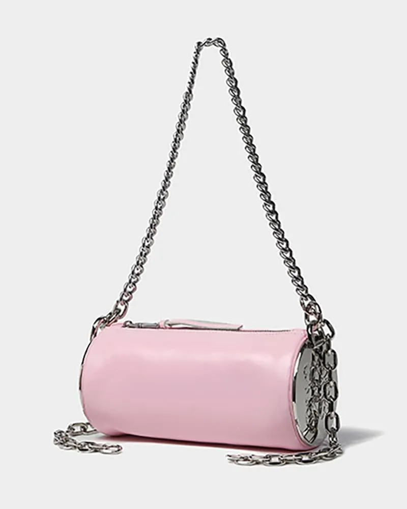 Trendy Cylinder Crossbody Shoulder Bag for Women Small PU Leather Handbags Chain Top Handle Satchel Y2k Tote Purse