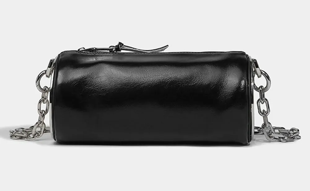 Trendy Cylinder Crossbody Shoulder Bag for Women Small PU Leather Handbags Chain Top Handle Satchel Y2k Tote Purse