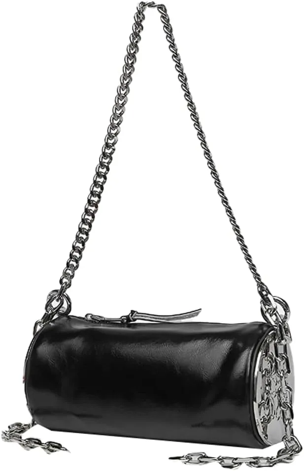 Trendy Cylinder Crossbody Shoulder Bag for Women Small PU Leather Handbags Chain Top Handle Satchel Y2k Tote Purse