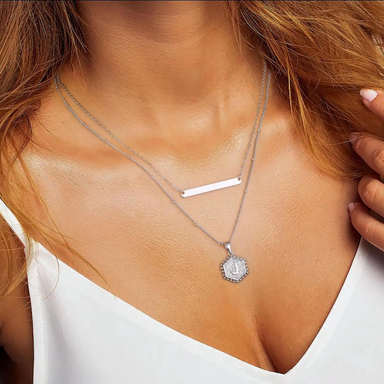 Turandoss Silver Layered Initial Necklaces for Women, 14K White Gold Plated Paperclip Chain Necklace Hexagon Letter Pendant Initial Layered Silver Necklace for Women Jewelry Gifts