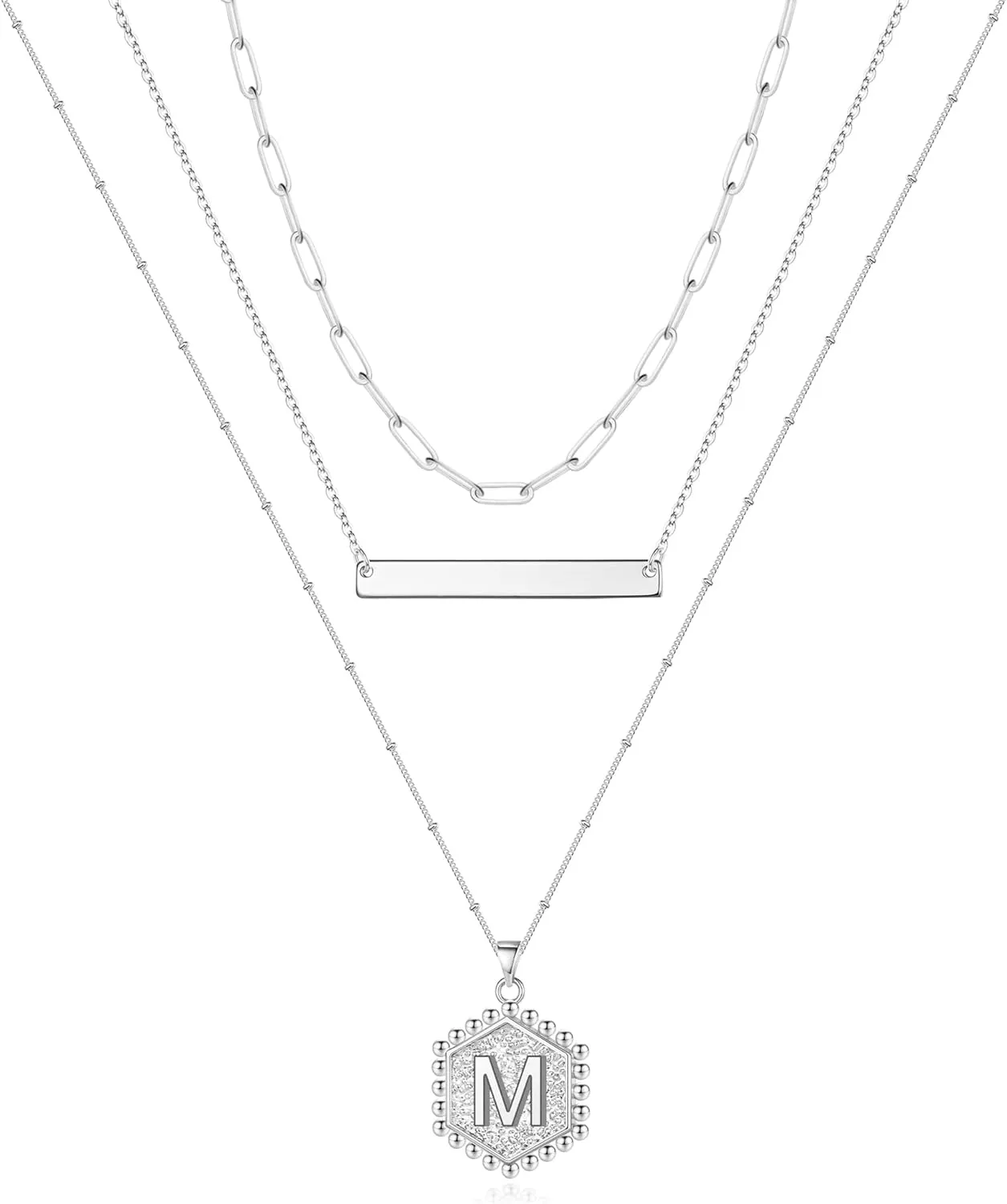 Turandoss Silver Layered Initial Necklaces for Women, 14K White Gold Plated Paperclip Chain Necklace Hexagon Letter Pendant Initial Layered Silver Necklace for Women Jewelry Gifts