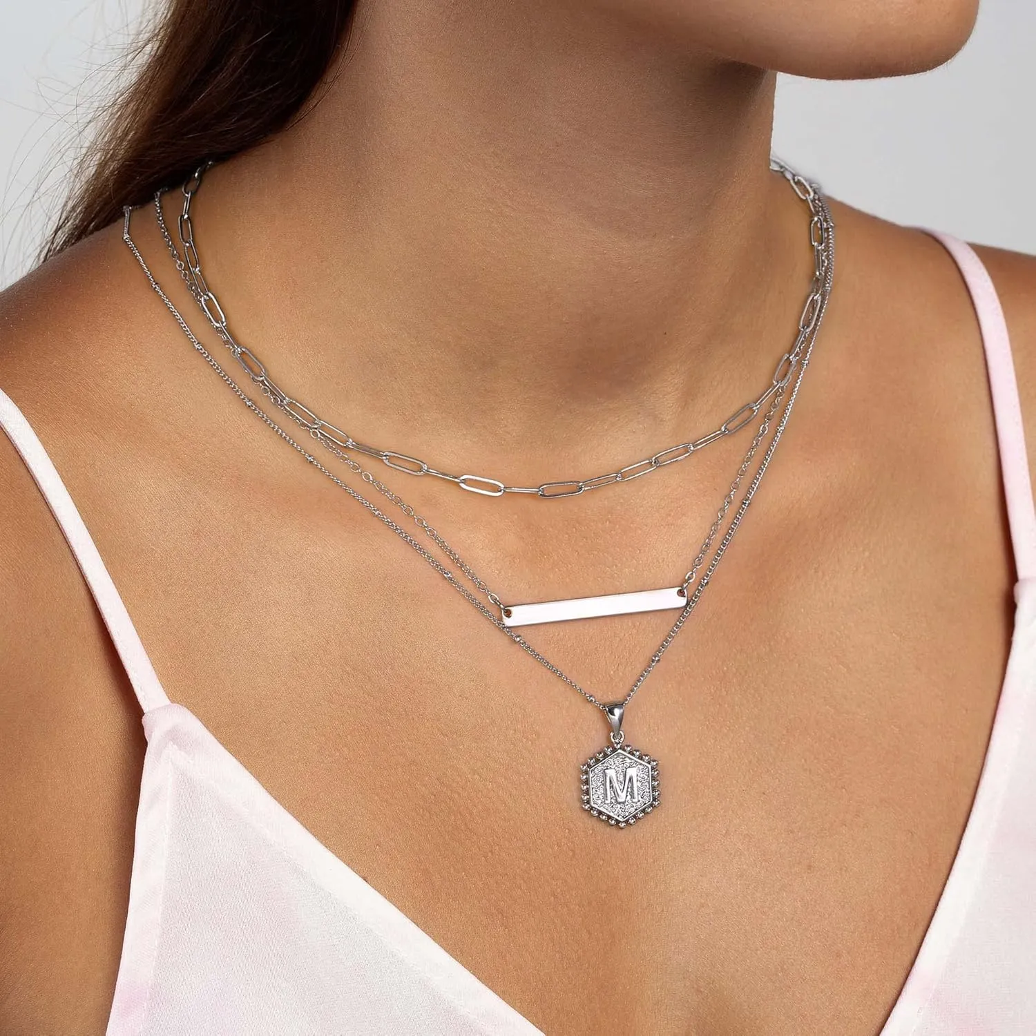 Turandoss Silver Layered Initial Necklaces for Women, 14K White Gold Plated Paperclip Chain Necklace Hexagon Letter Pendant Initial Layered Silver Necklace for Women Jewelry Gifts