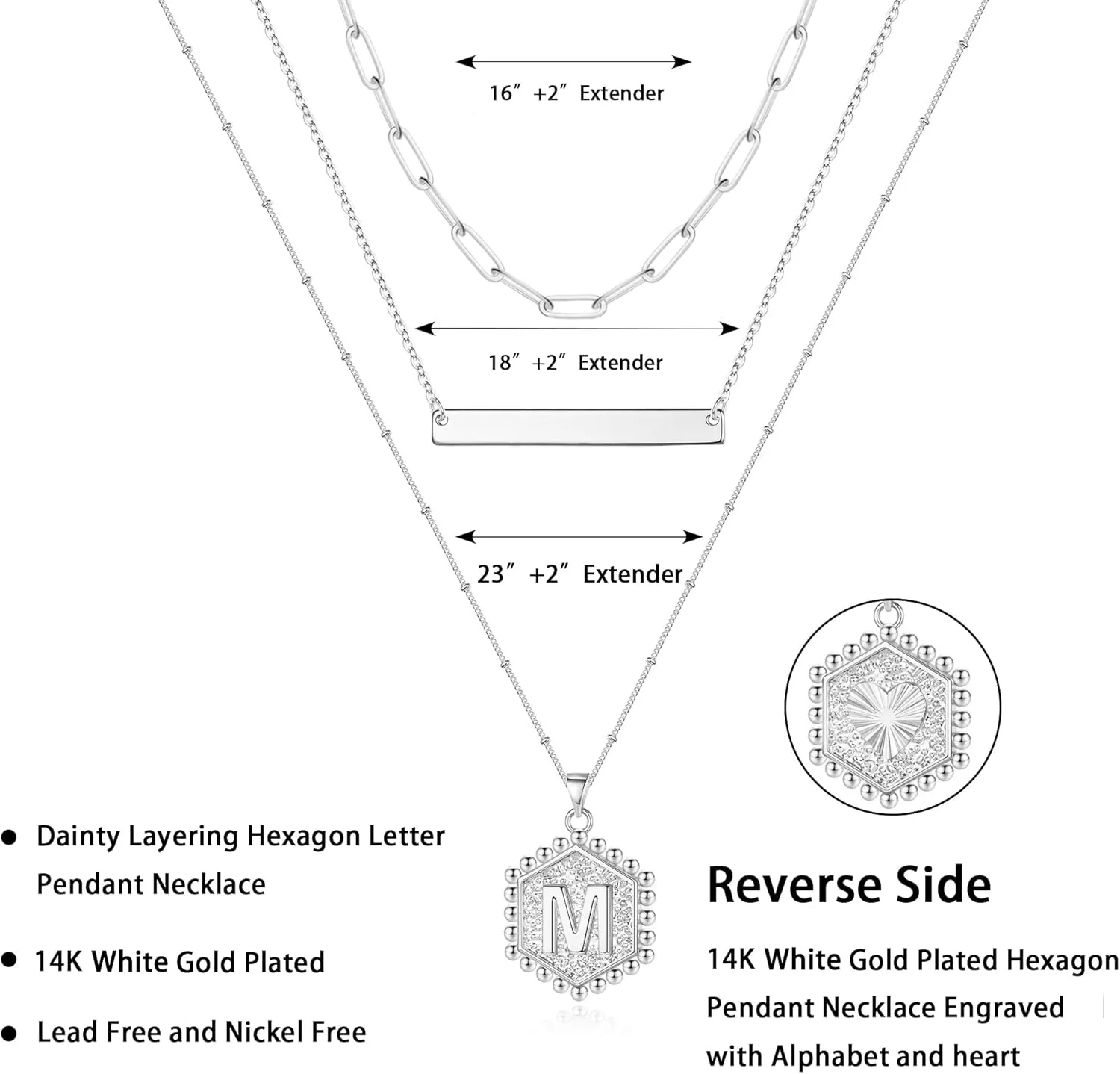 Turandoss Silver Layered Initial Necklaces for Women, 14K White Gold Plated Paperclip Chain Necklace Hexagon Letter Pendant Initial Layered Silver Necklace for Women Jewelry Gifts