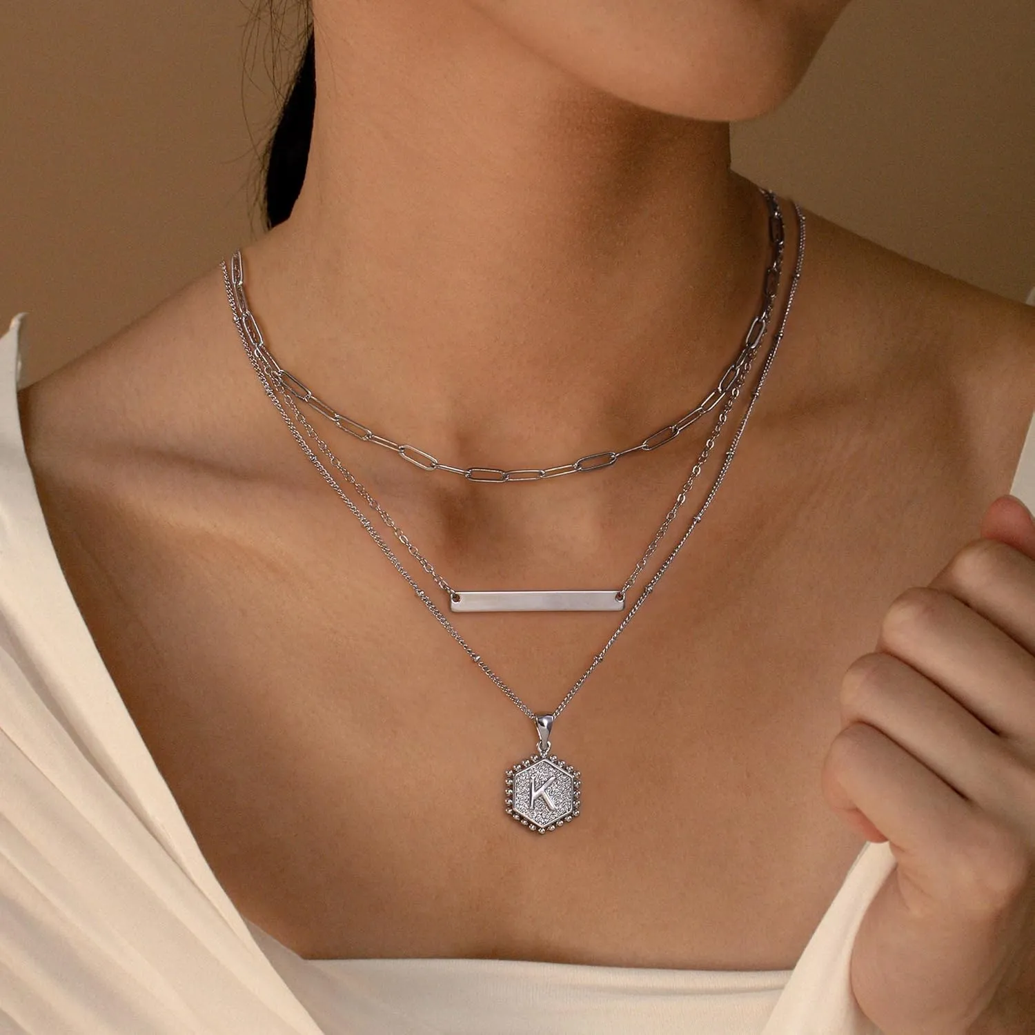 Turandoss Silver Layered Initial Necklaces for Women, 14K White Gold Plated Paperclip Chain Necklace Hexagon Letter Pendant Initial Layered Silver Necklace for Women Jewelry Gifts