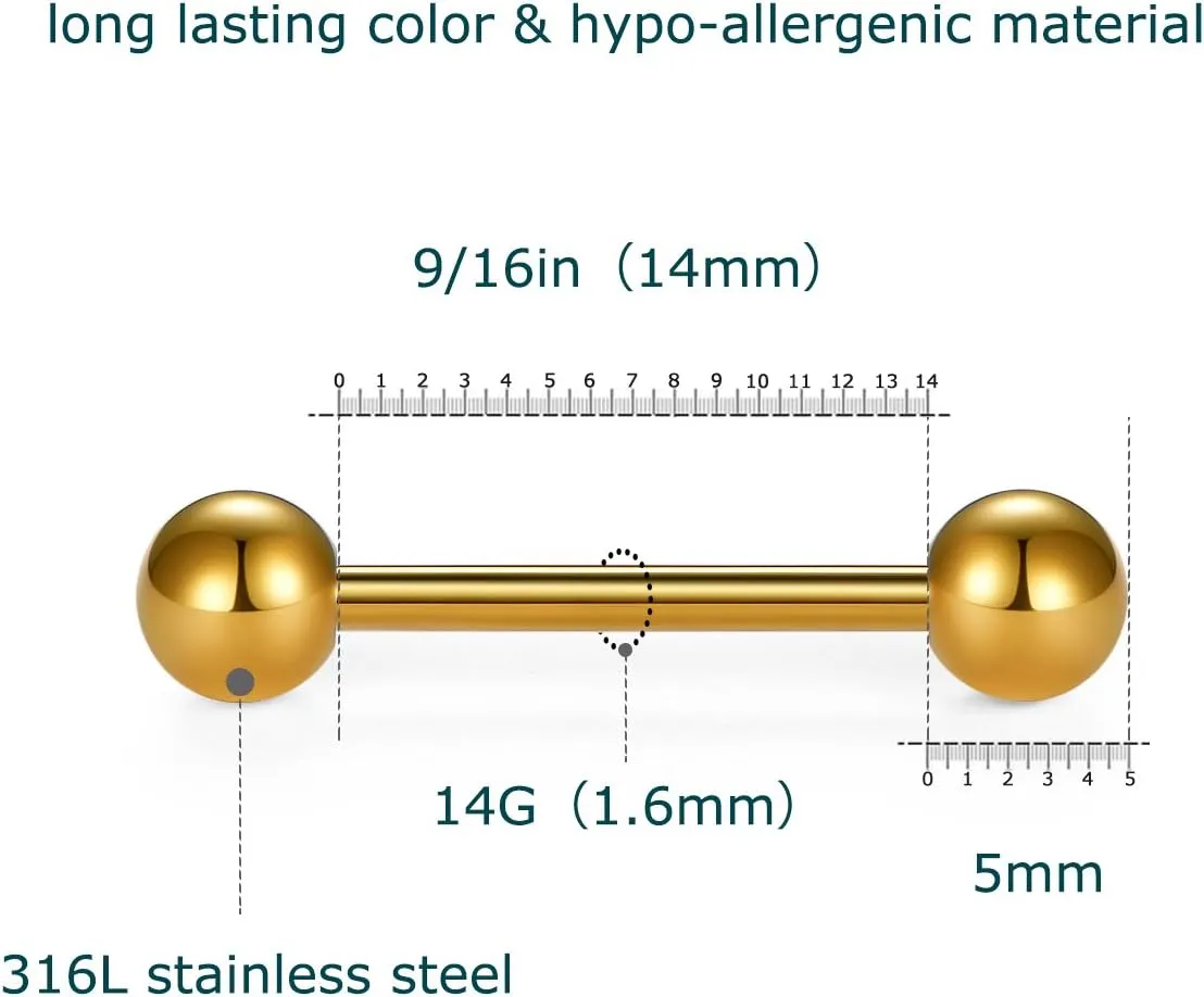 VCMART 12mm-18mm 14G Tongue Rings Nipple Straight Barbells Surgical Steel Body Piercing Jewelry