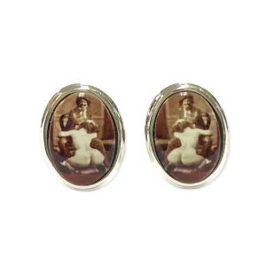 Victorian Style Enamel The Artist Oval Cufflinks 925 Sterling Silver Mens Gift