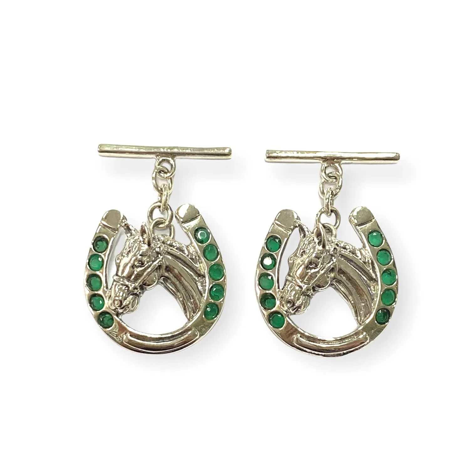 Victorian Style Horse in Horseshoe with Emerald Stones Cufflinks 925 Sterling Silver Mens Gift
