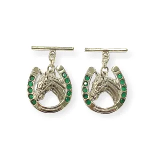 Victorian Style Horse in Horseshoe with Emerald Stones Cufflinks 925 Sterling Silver Mens Gift