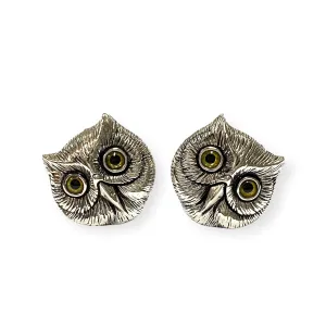 Victorian Style Owl Head with Glass Eyes Cufflinks 925 Sterling Silver Mens Gift