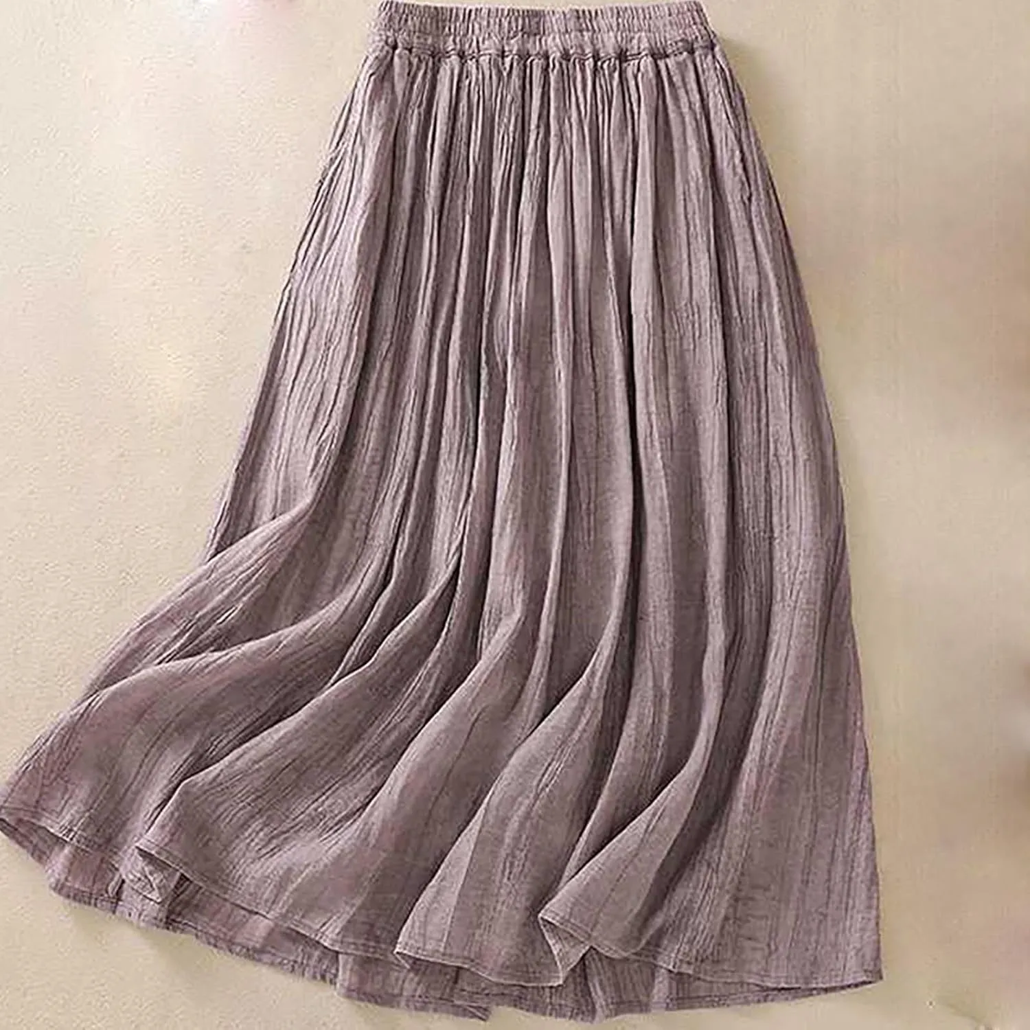 Vintage Cotton Linen Midi Skirt for Women Summer Casual Flowy A-Line Skirts Elastic High Waist Wrinkles Beach Skirt