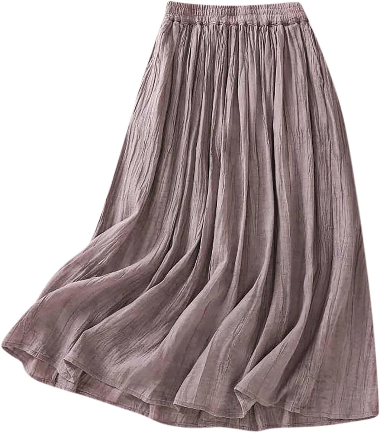 Vintage Cotton Linen Midi Skirt for Women Summer Casual Flowy A-Line Skirts Elastic High Waist Wrinkles Beach Skirt