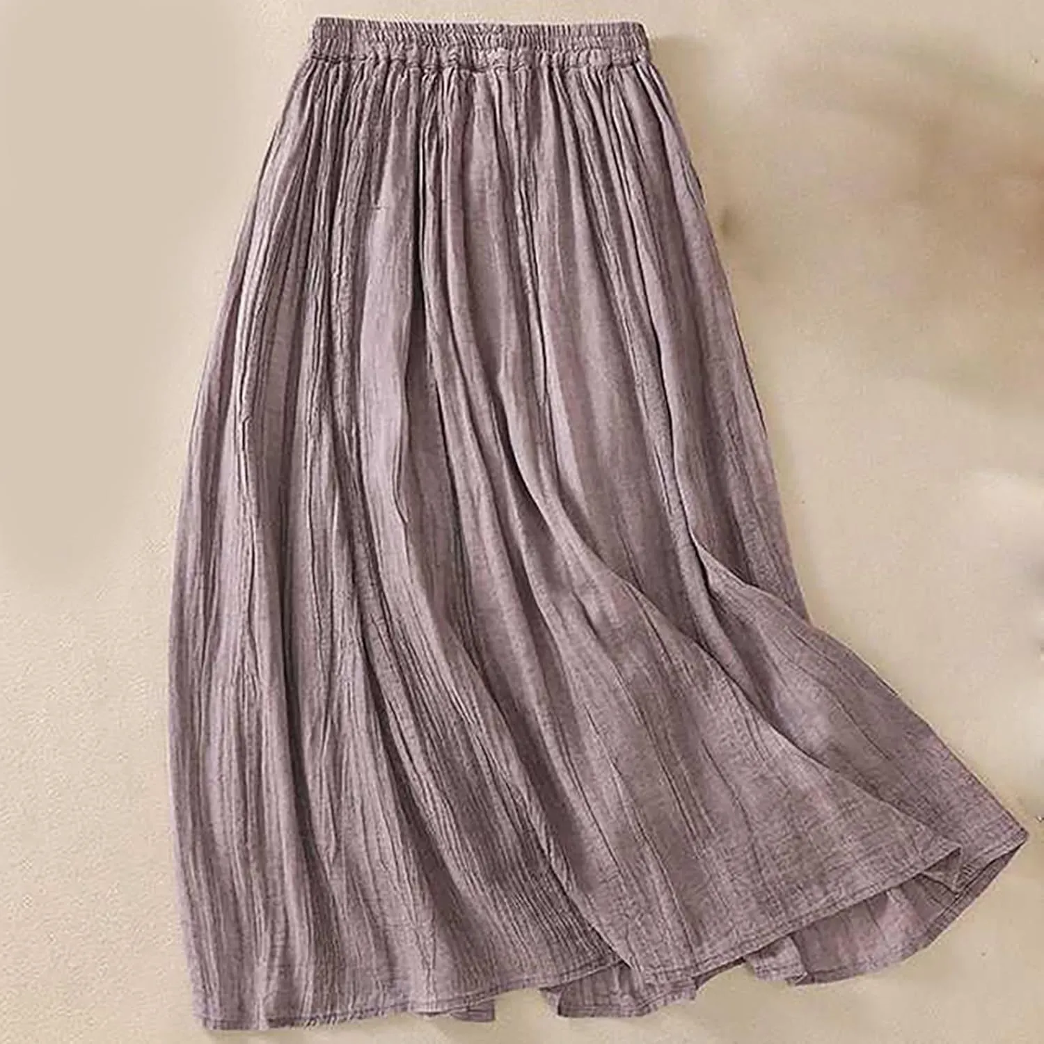 Vintage Cotton Linen Midi Skirt for Women Summer Casual Flowy A-Line Skirts Elastic High Waist Wrinkles Beach Skirt