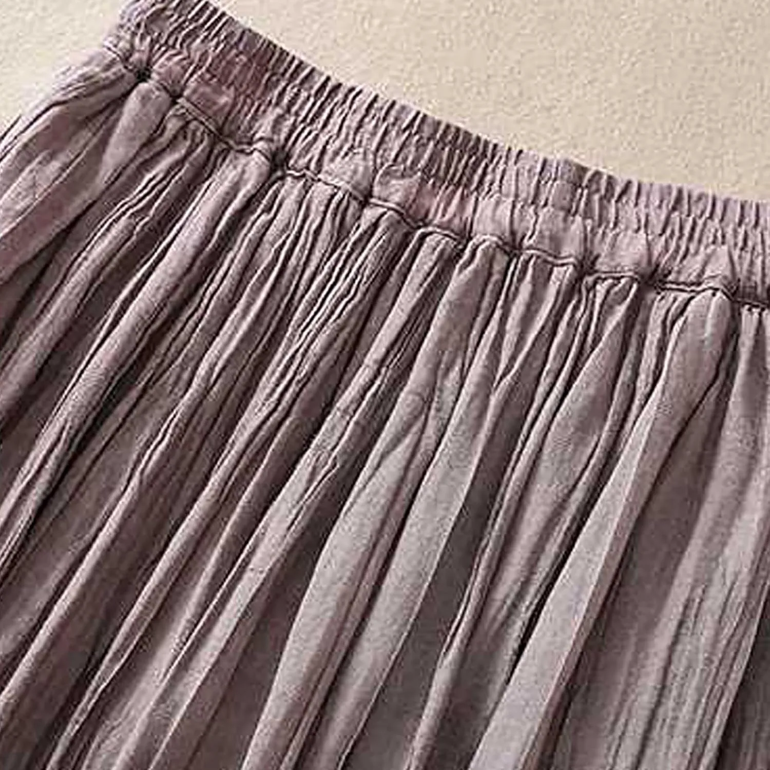 Vintage Cotton Linen Midi Skirt for Women Summer Casual Flowy A-Line Skirts Elastic High Waist Wrinkles Beach Skirt