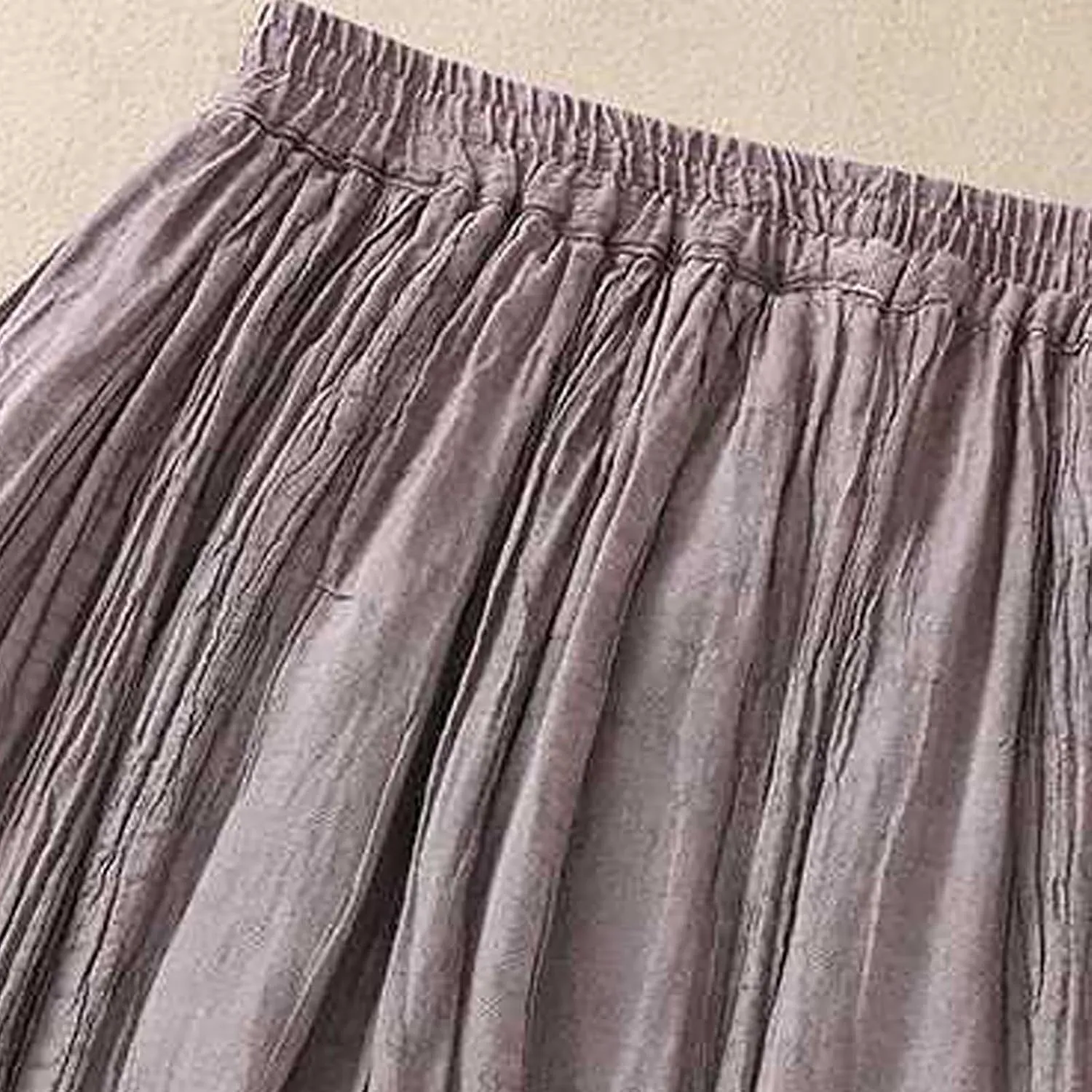 Vintage Cotton Linen Midi Skirt for Women Summer Casual Flowy A-Line Skirts Elastic High Waist Wrinkles Beach Skirt