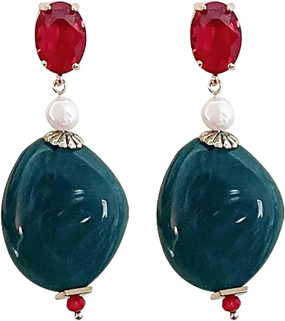 Vintage Resin Stone Statement Earrings with Red and Teal Resin Stones, Bohemian Design Style Gold-Plated Zinc Alloy Dangle Earrings for Women