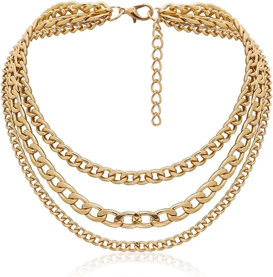 Vintage Style Gold Silver Thick Chunky Chain Layered Necklaces Choker Hollow Out Round Circle Inlaid Crystal Pendant Necklaces for Women Girls Elegant Jewelry