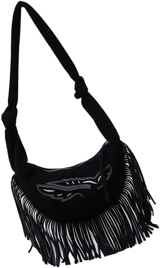 Vintage Tasseled Shoulder Bag For Women Large Capacity Crossbody Purse With Tie Knots Strap Casual Satchel