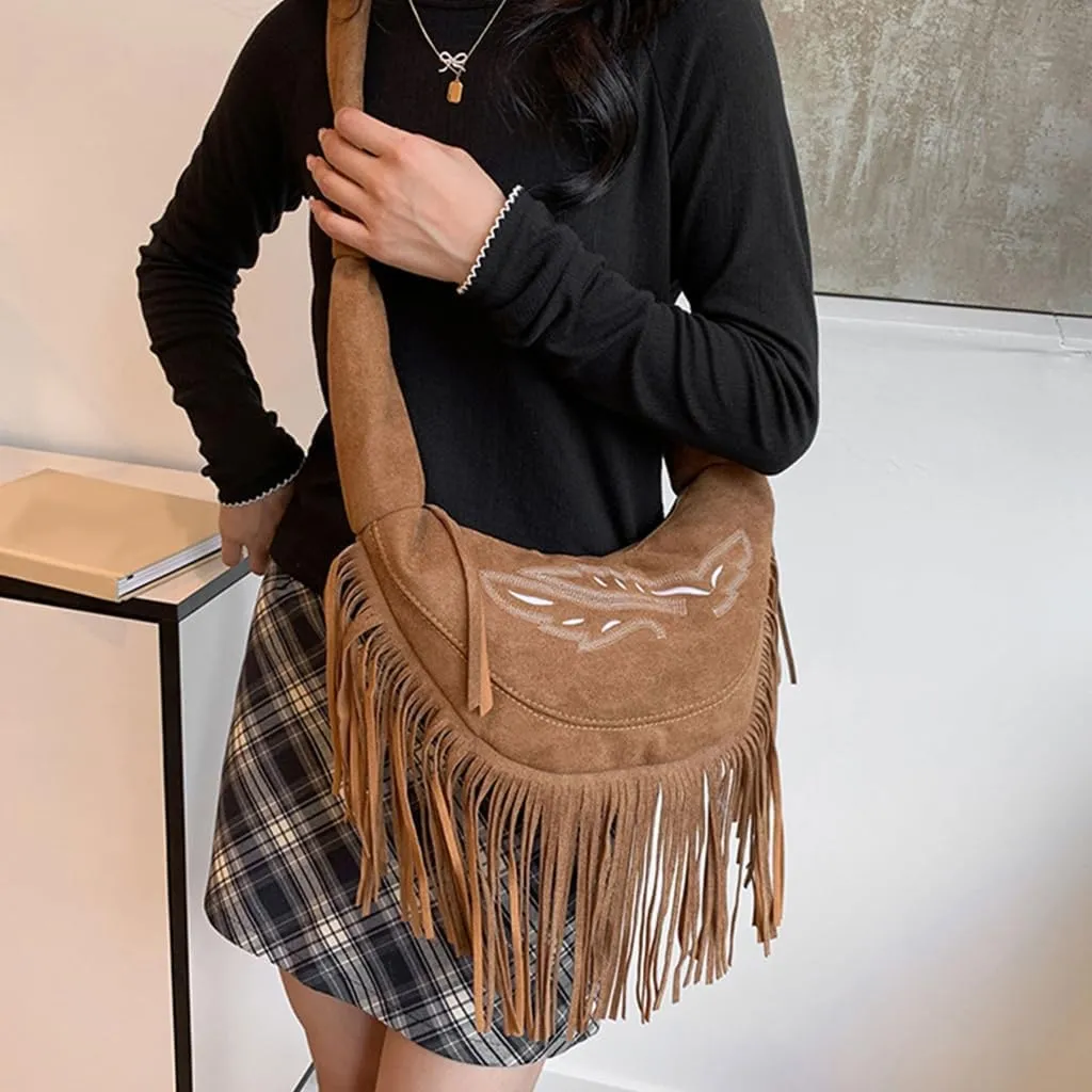 Vintage Tasseled Shoulder Bag For Women Large Capacity Crossbody Purse With Tie Knots Strap Casual Satchel