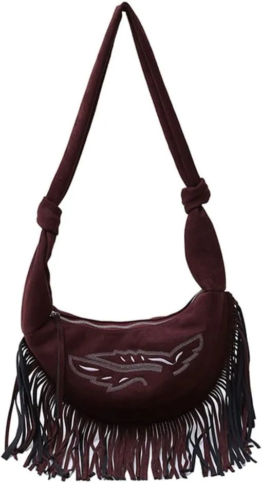 Vintage Tasseled Shoulder Bag For Women Large Capacity Crossbody Purse With Tie Knots Strap Casual Satchel