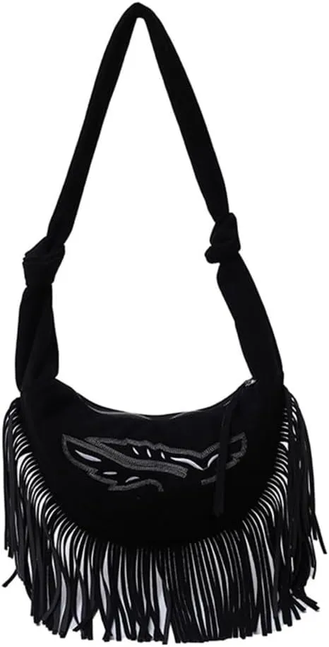 Vintage Tasseled Shoulder Bag For Women Large Capacity Crossbody Purse With Tie Knots Strap Casual Satchel