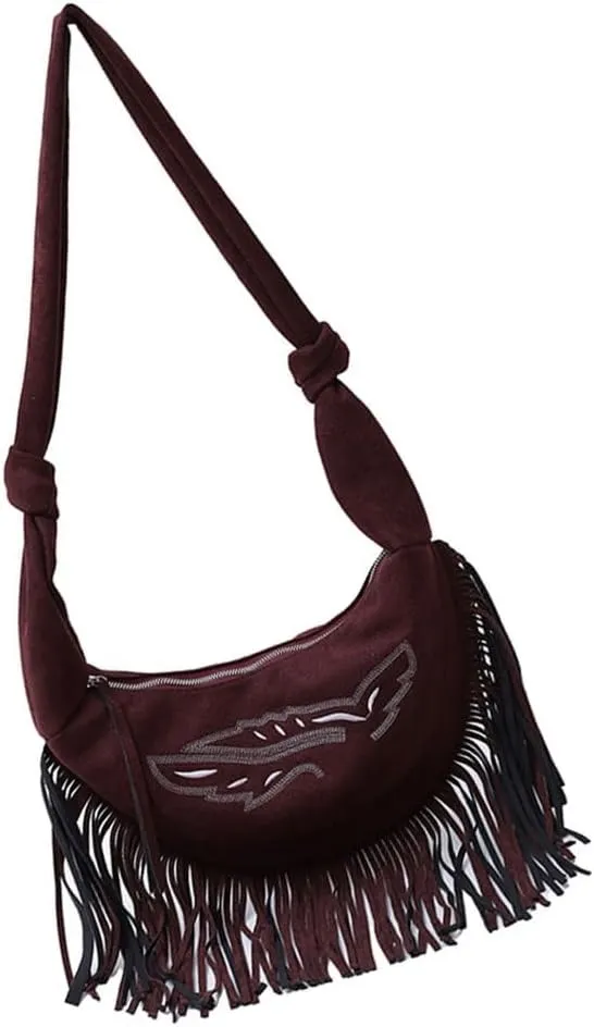 Vintage Tasseled Shoulder Bag For Women Large Capacity Crossbody Purse With Tie Knots Strap Casual Satchel
