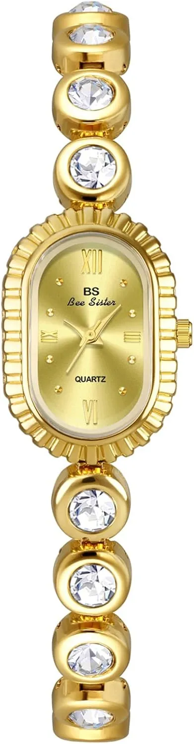 Vintage Womens Gold Watch Small Oval Dial Roman Numeral Crystal Stainless Steel Minimalist Dainty Petite Bracelet Dress Ladies Quartz Wrist Watch