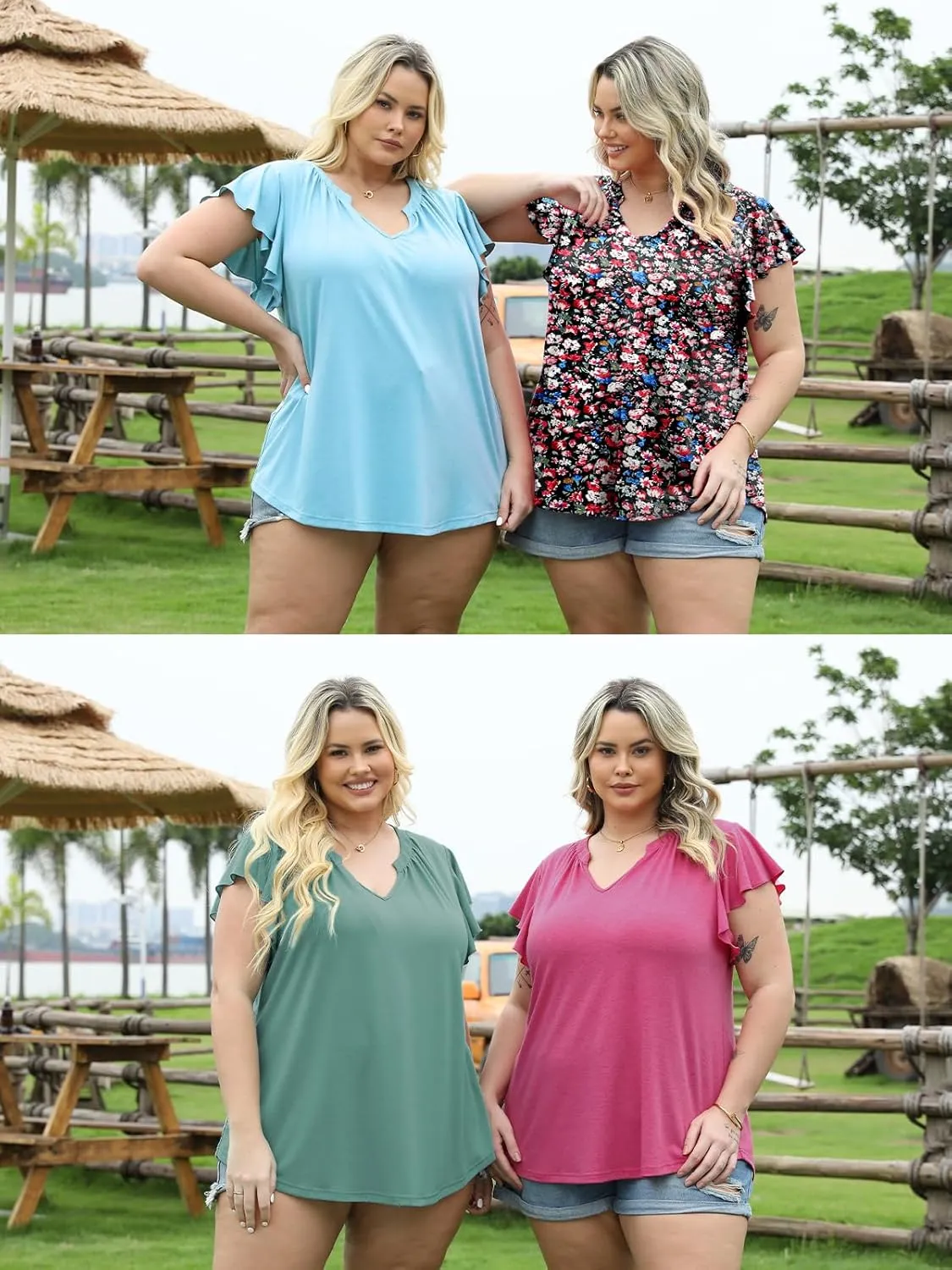 VISLILY Womens-Plus-Size-Summer-Tops Cute Notched V Neck T Shirts Dressy Ruffle Short Sleeve Blouses Trendy Casual Tunics Tee