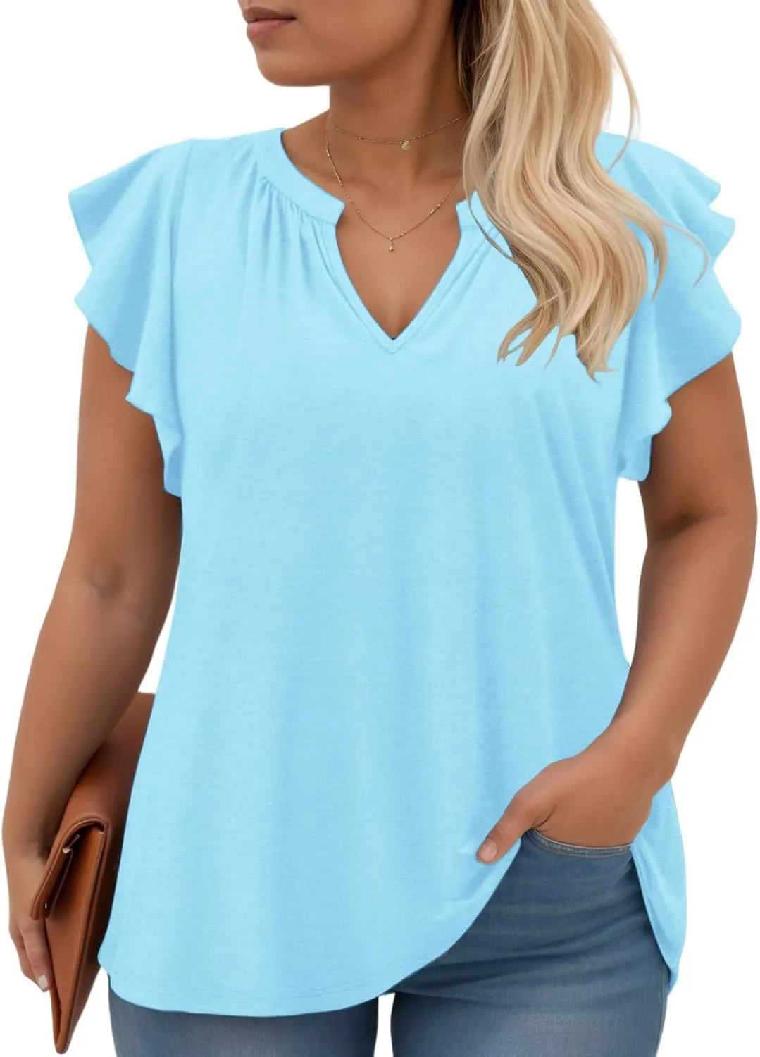 VISLILY Womens-Plus-Size-Summer-Tops Cute Notched V Neck T Shirts Dressy Ruffle Short Sleeve Blouses Trendy Casual Tunics Tee