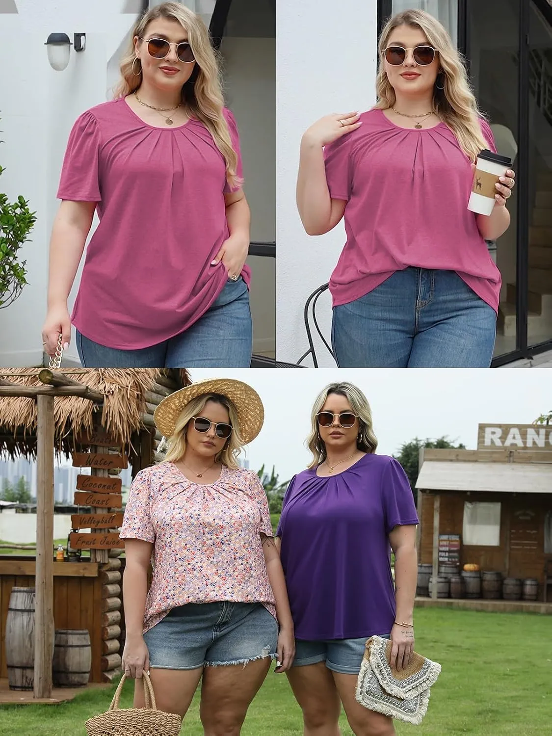 VISLILY Womens-Plus-Size-Summer-Tops Flowy Pleated T Shirts Crew Neck Short Sleeve Blouses Casual Loose Tunics Tee XL-5XL