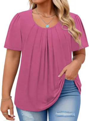 VISLILY Womens-Plus-Size-Summer-Tops Flowy Pleated T Shirts Crew Neck Short Sleeve Blouses Casual Loose Tunics Tee XL-5XL