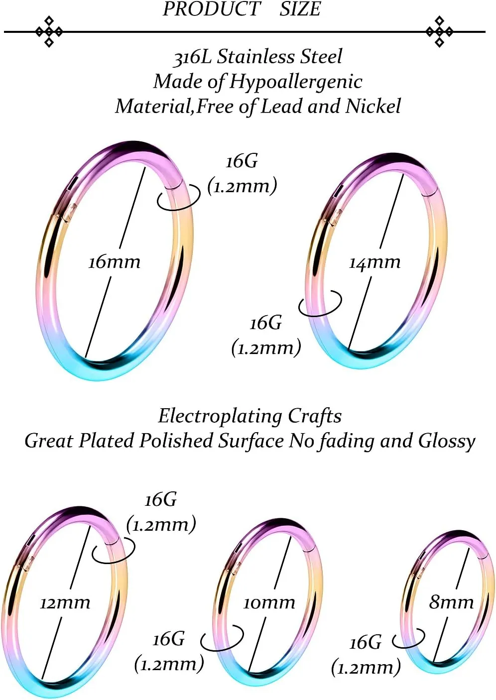 Vsnnsns 14G 16G Septum Nose Rings Hoops Lip Ring Piercing Jewelry 316L Surgical Steel Hinged Segment Clicker Cartilage Tragus Helix Conch Rook Daith Lobe Earrings Hoops Piercing Jewelry for Women Men