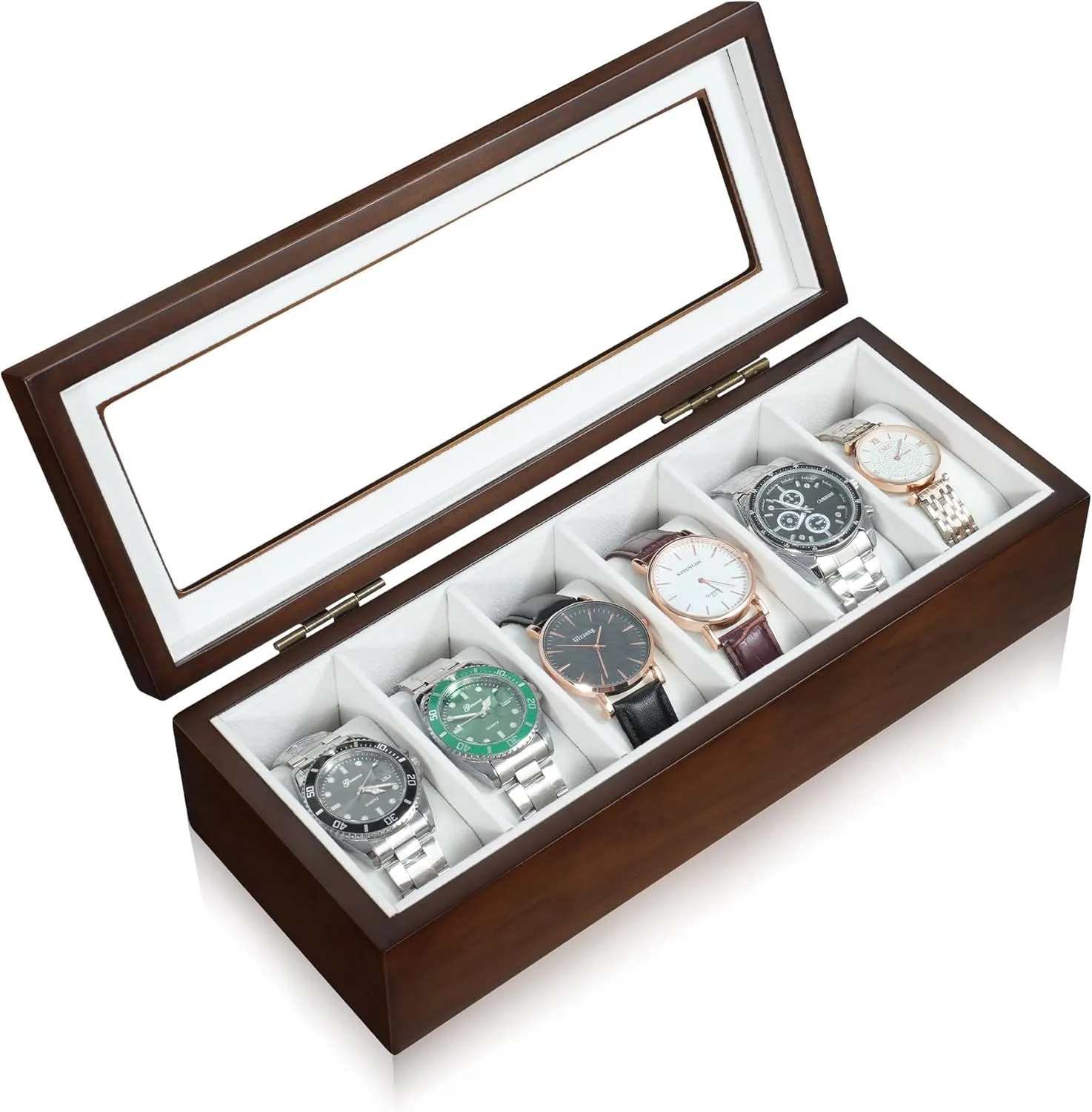 Watch Box for Men, 6 Slot Wooden Watch Holder Organizer with HD Tempered Glass, 45mm Watch Storage Display Case with Removable Pillows, Walnut
