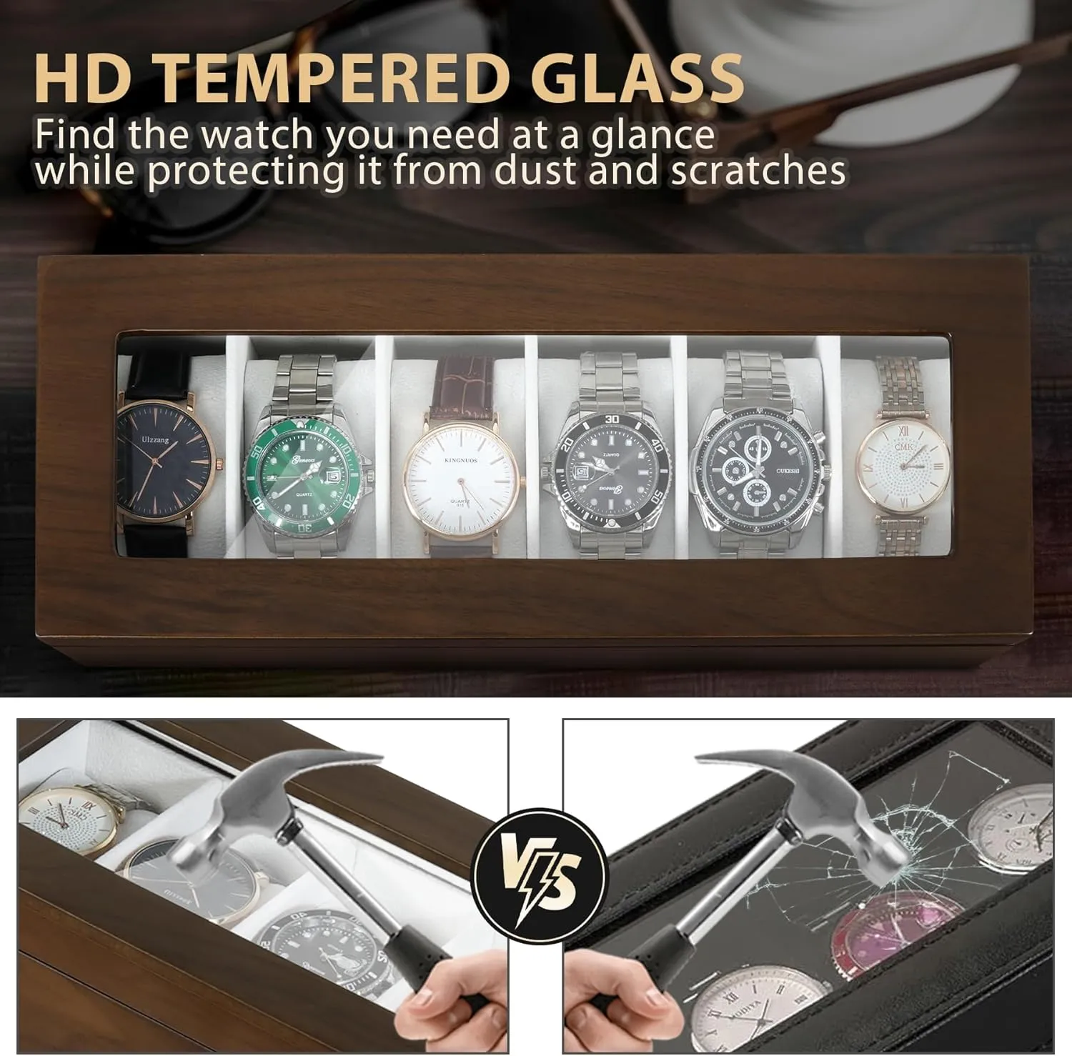 Watch Box for Men, 6 Slot Wooden Watch Holder Organizer with HD Tempered Glass, 45mm Watch Storage Display Case with Removable Pillows, Walnut