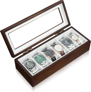 Watch Box for Men, 6 Slot Wooden Watch Holder Organizer with HD Tempered Glass, 45mm Watch Storage Display Case with Removable Pillows, Walnut