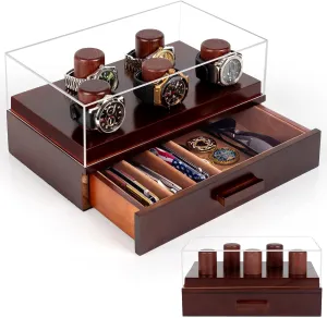 Watch Case for Men, Watch Display Stand Holder Box for 5 Watches - Dual-Level Wooden Watch-Cases with Drawer for Jewelry & Sunglasses Storage  Perfect Anniversary & Birthday Gifts for Mens