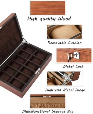 Watch Display Box with 12 Slots, Luxury Jewelry Organizer 5 Removable Cushions and Metal Buckle, Ideal for Men/Women (Brown)(Beige)