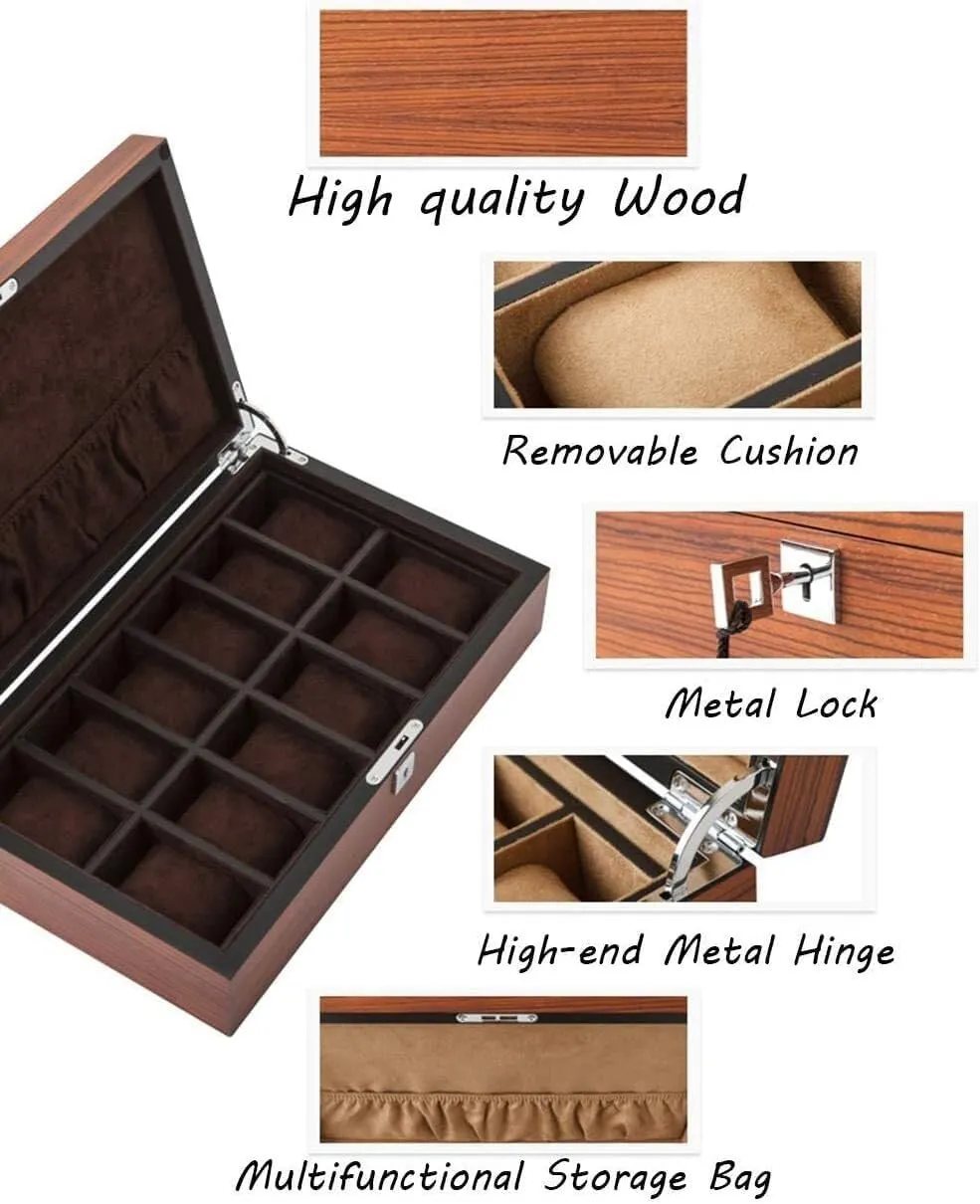 Watch Display Box with 12 Slots, Luxury Jewelry Organizer 5 Removable Cushions and Metal Buckle, Ideal for Men/Women (Brown)(Beige)
