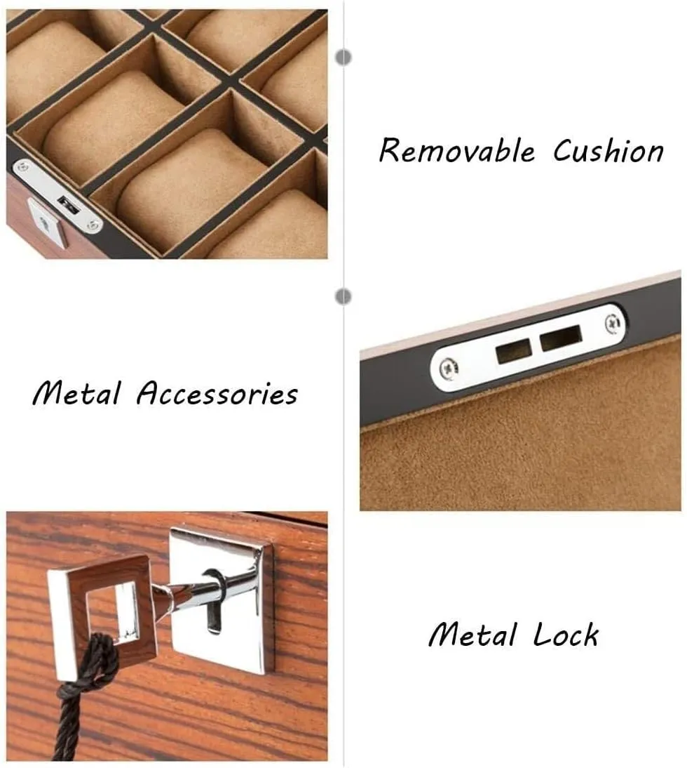 Watch Display Box with 12 Slots, Luxury Jewelry Organizer 5 Removable Cushions and Metal Buckle, Ideal for Men/Women (Brown)(Beige)