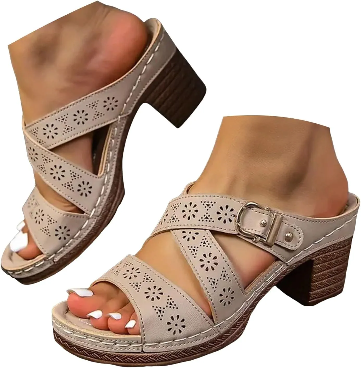 Wedge Sandals for Women Floral Hollow Block Heels Buckle Open Toe Slip On Low Heeled Summer Casual Pumps Shoes
