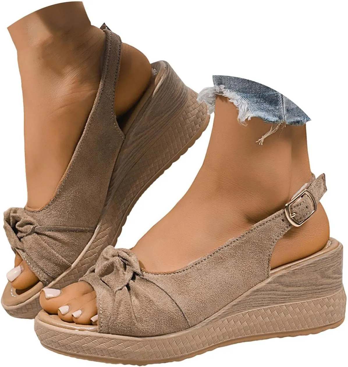 Wedge Sandals for Women Leopard Print Camouflage Wedges Heels Bow Knot Open Toe Ankle Buckle Wedge Pumps Shoes