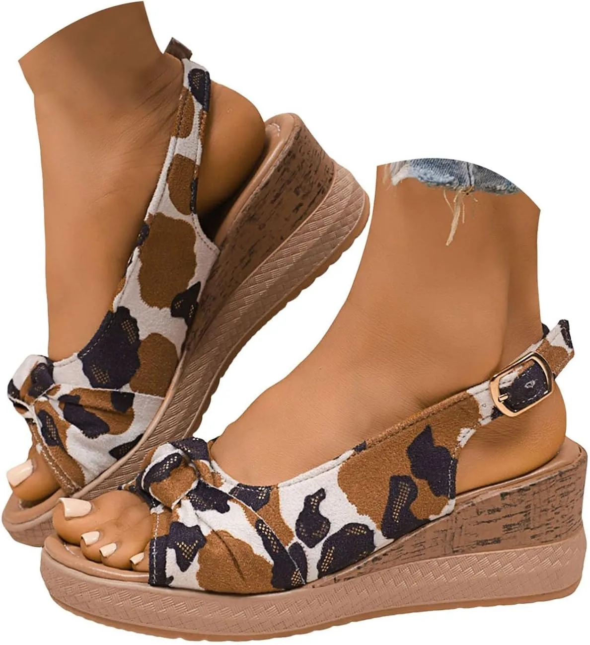 Wedge Sandals for Women Leopard Print Camouflage Wedges Heels Bow Knot Open Toe Ankle Buckle Wedge Pumps Shoes